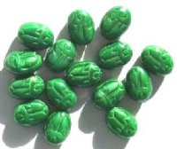 15 14mm Opaque Satin Green Scarab Beetle Beads